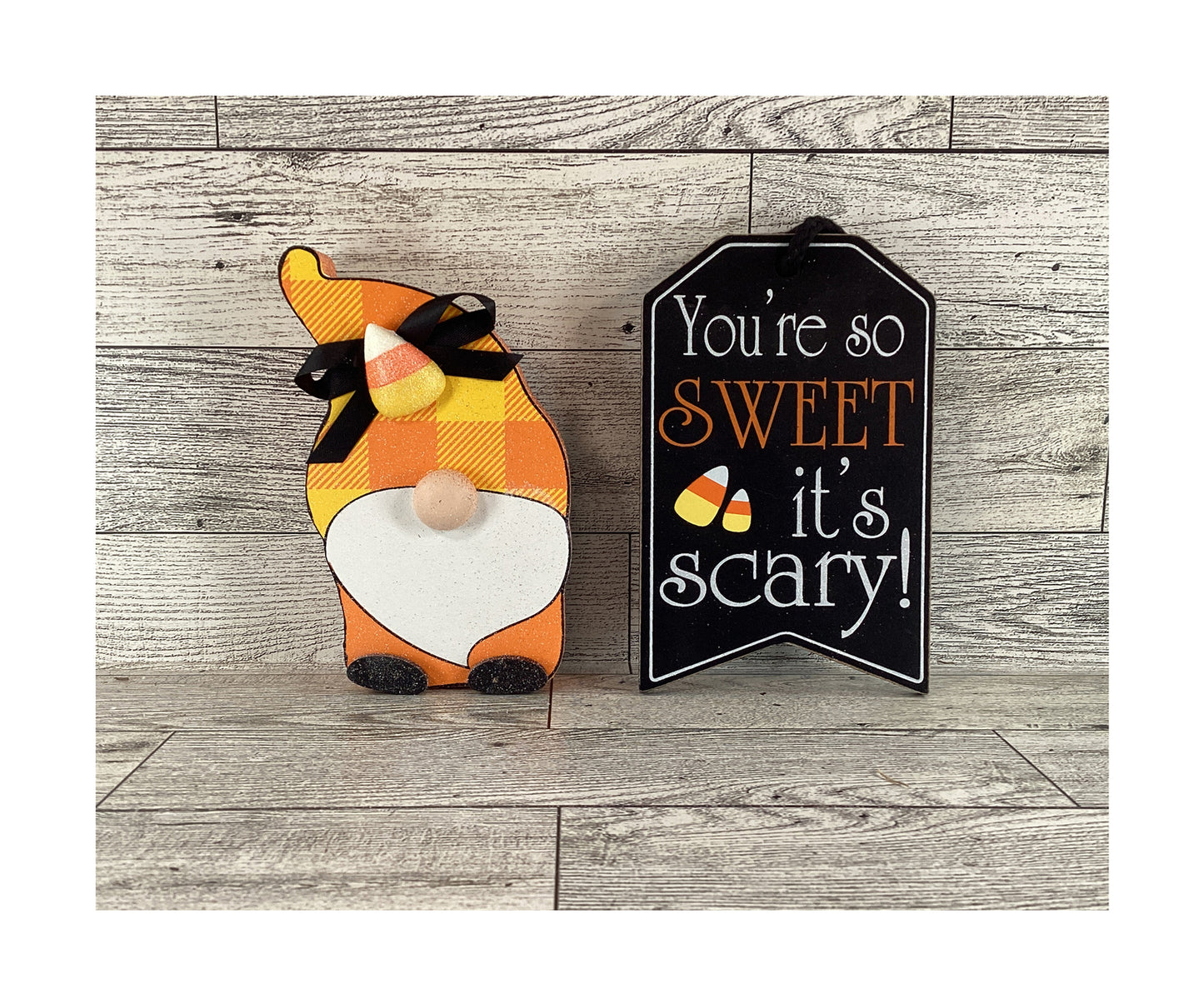 AGD  Halloween Decor - Candy Corn Gnome Sweet Ornament Sign 2pc Set