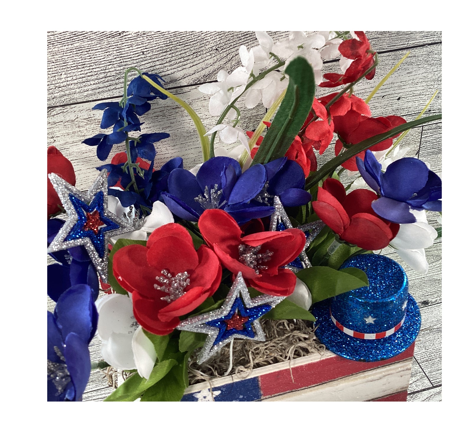 AGD Patriotic Decor - American Flag Floral Wood Crate Floral Display
