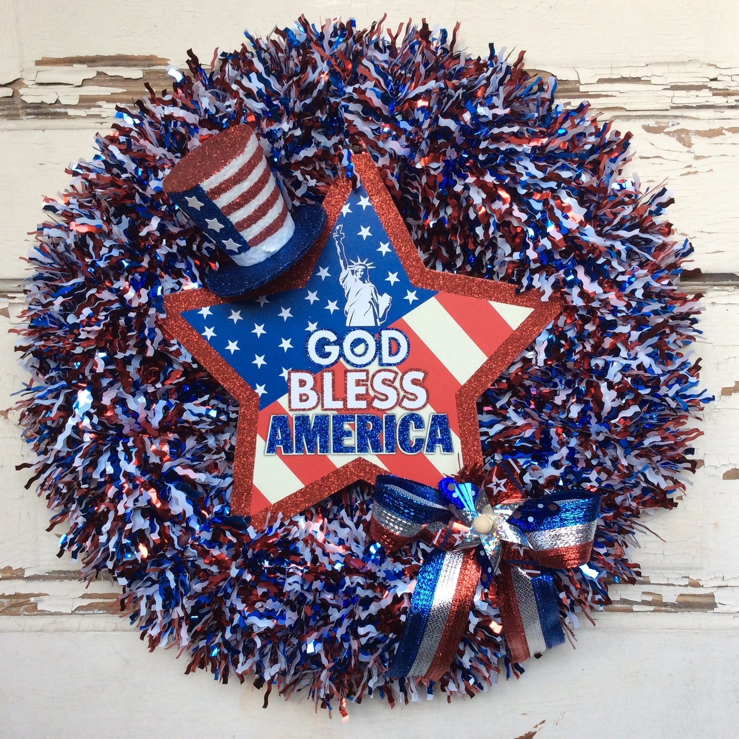 AGD Patriotic Decor - God Bless America Tinsel Wreath