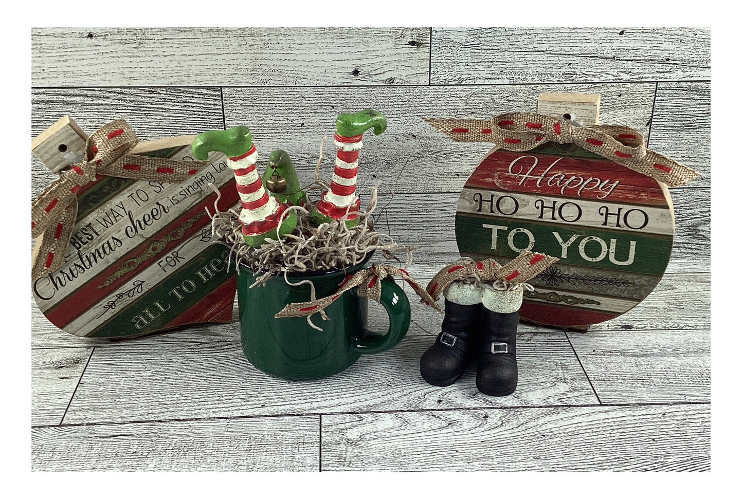 AGD Christmas Decor - Elf  Santa Boots Prim Bulbs Ornaments Tier Tray 4pc Set