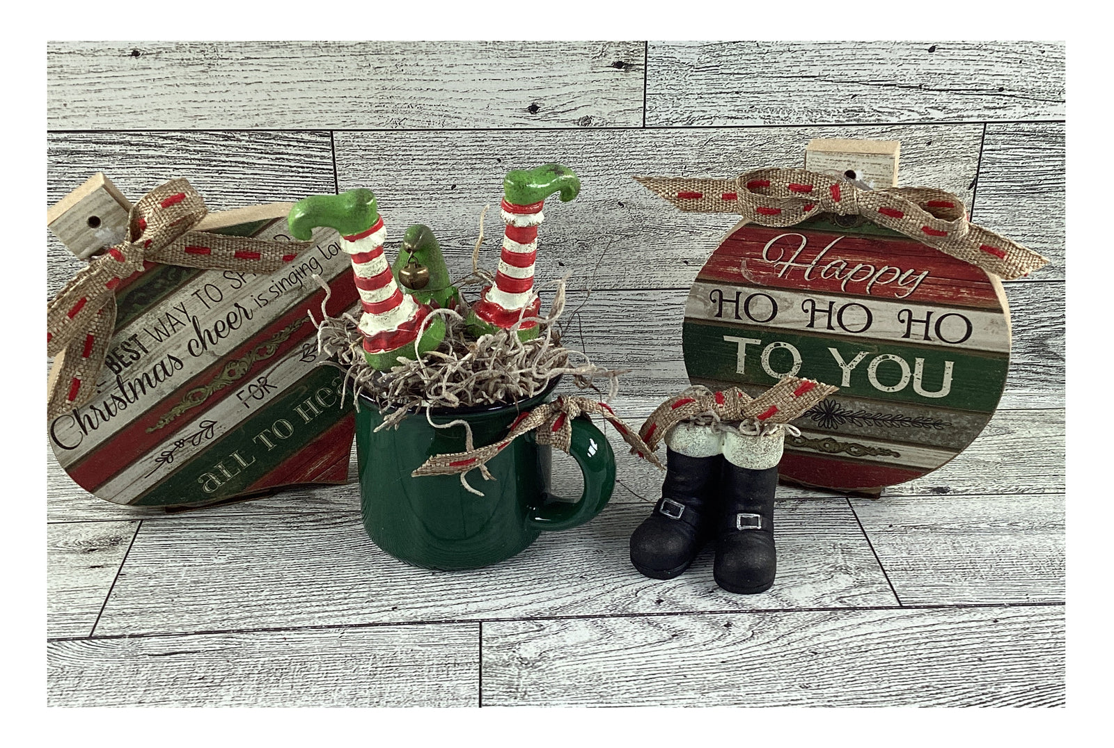 AGD Christmas Decor - Elf  Santa Boots Prim Bulbs Ornaments Tier Tray 4pc Set