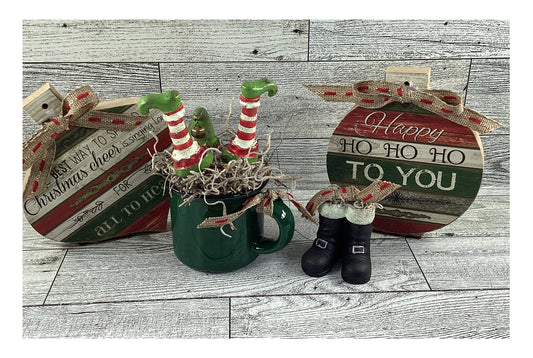 AGD Christmas Decor - Elf  Santa Boots Prim Bulbs Ornaments Tier Tray 4pc Set
