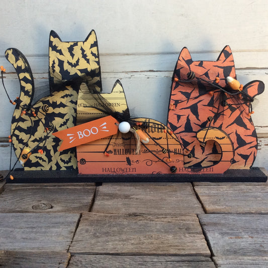 AGD Halloween Decor - Modern Prim Wood Trio Cat Tabletop Decor
