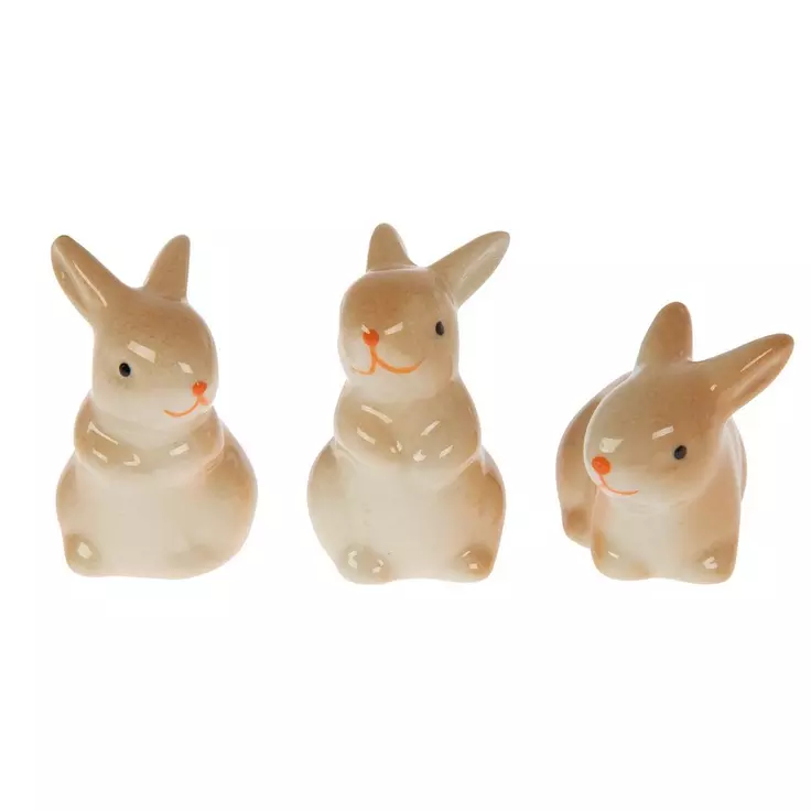 HL Easter Decor - Mini Ceramic Brown Bunny Rabbit 3pc Set