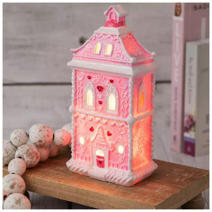 HL Valentines Decor - Pink White Glitter Light-Up Gingerbread House