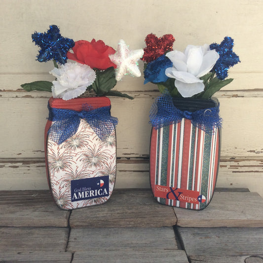 AGD Patriotic Decor - God Bless Stars Stripes Floral Wood Mason Jar 2pc Set