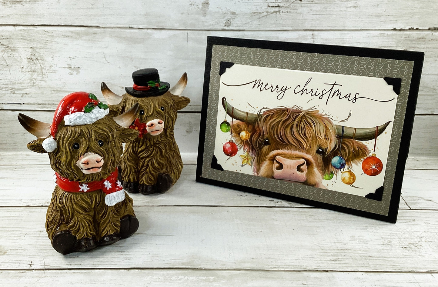 AGD Christmas Decor - Resin Scottish Highland Cow Couple Figurines 3pc Set