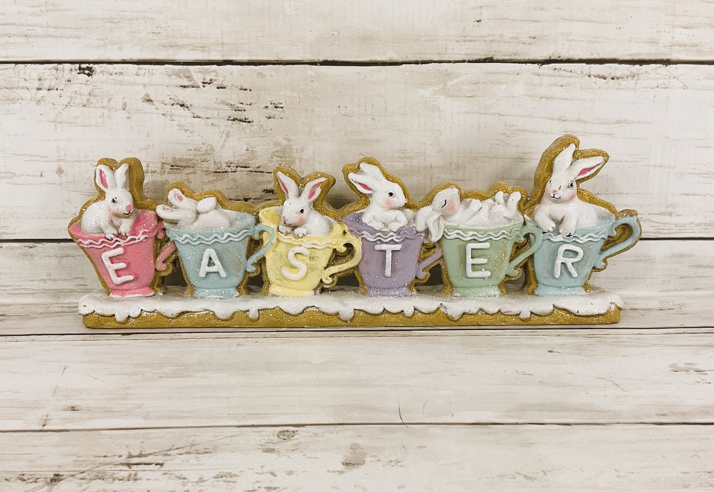 Gerson Easter Decor - Easter Bunny Coffee Cup Gingerbread Sign