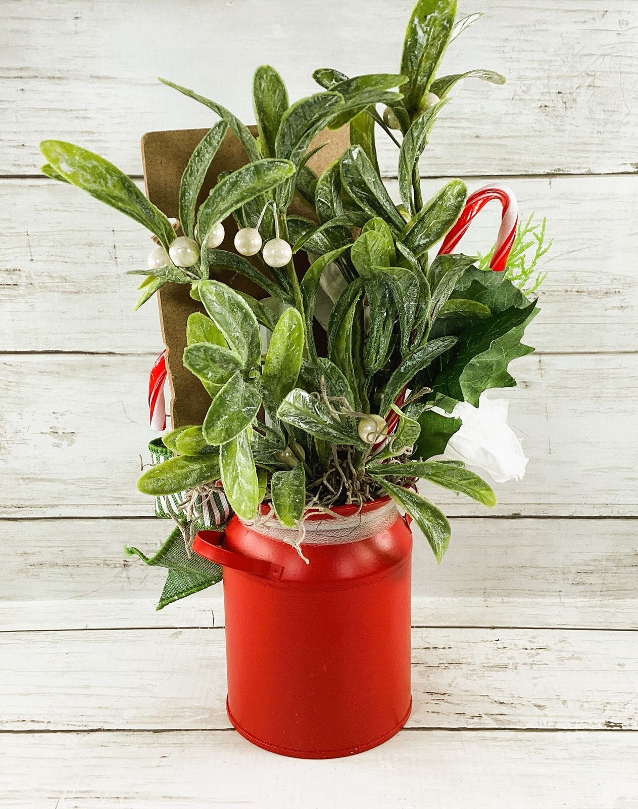 AGD Christmas Decor - Candy Cane Mistletoe Direction Metal Floral Milk Can