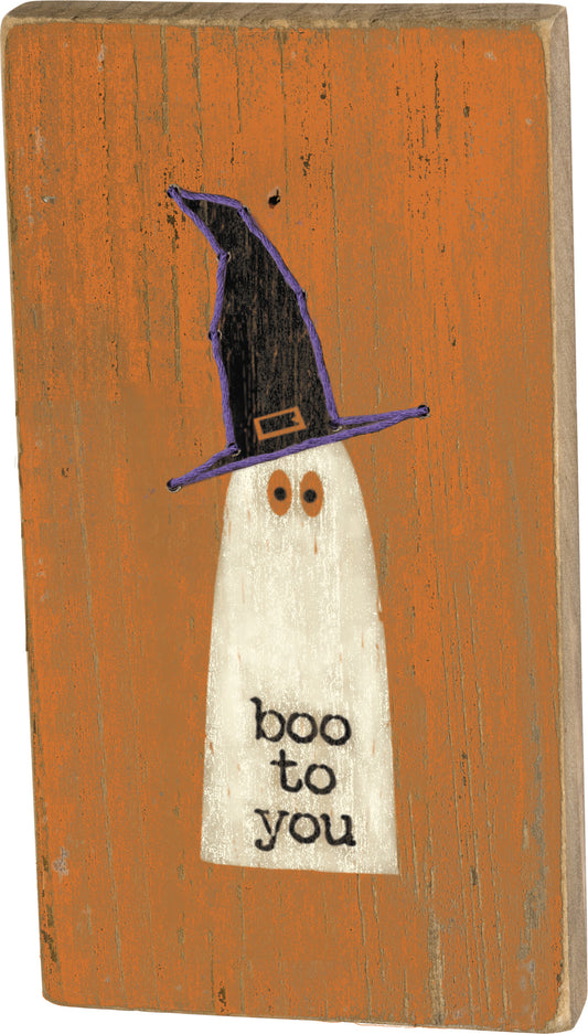 PBK Halloween Decor - Prim Boo to You Stitch Witch Hat Ghost Block