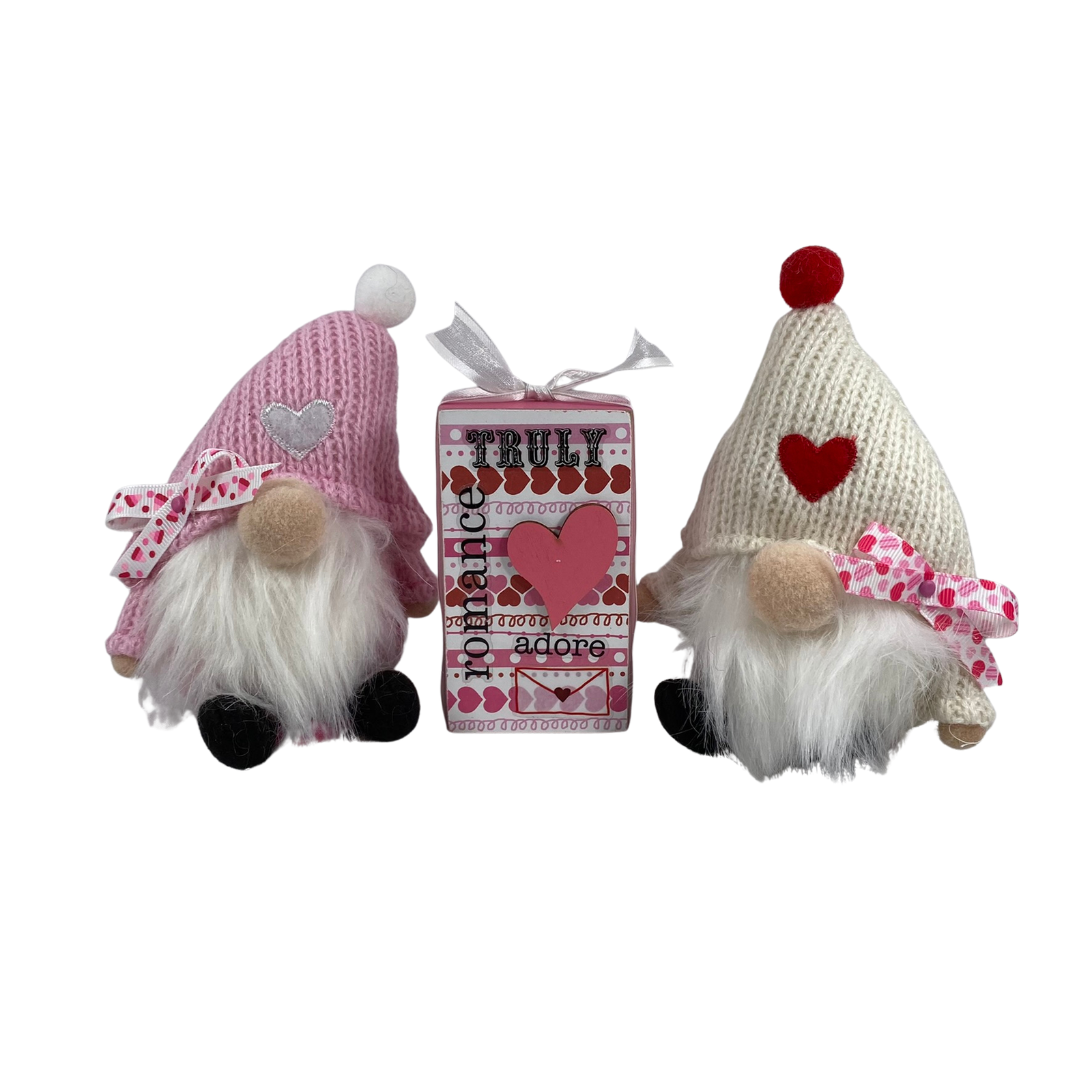 AGD Valentines Day Decor - Pink White Knit Gnome Small Hugs Kisses Sign
