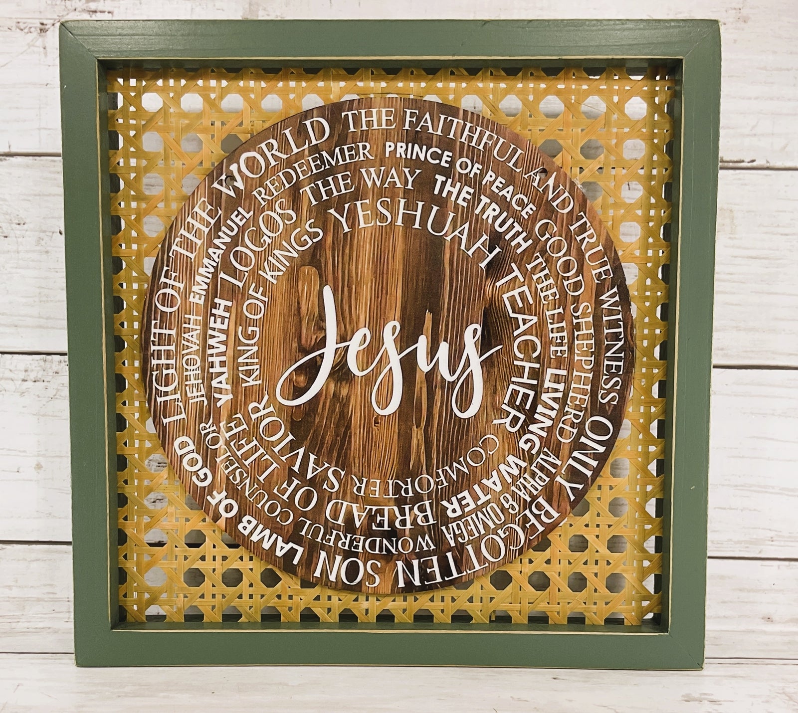 AGD Home Decor - Inspirational Name of Jesus Wood Rattan Sitter Sign