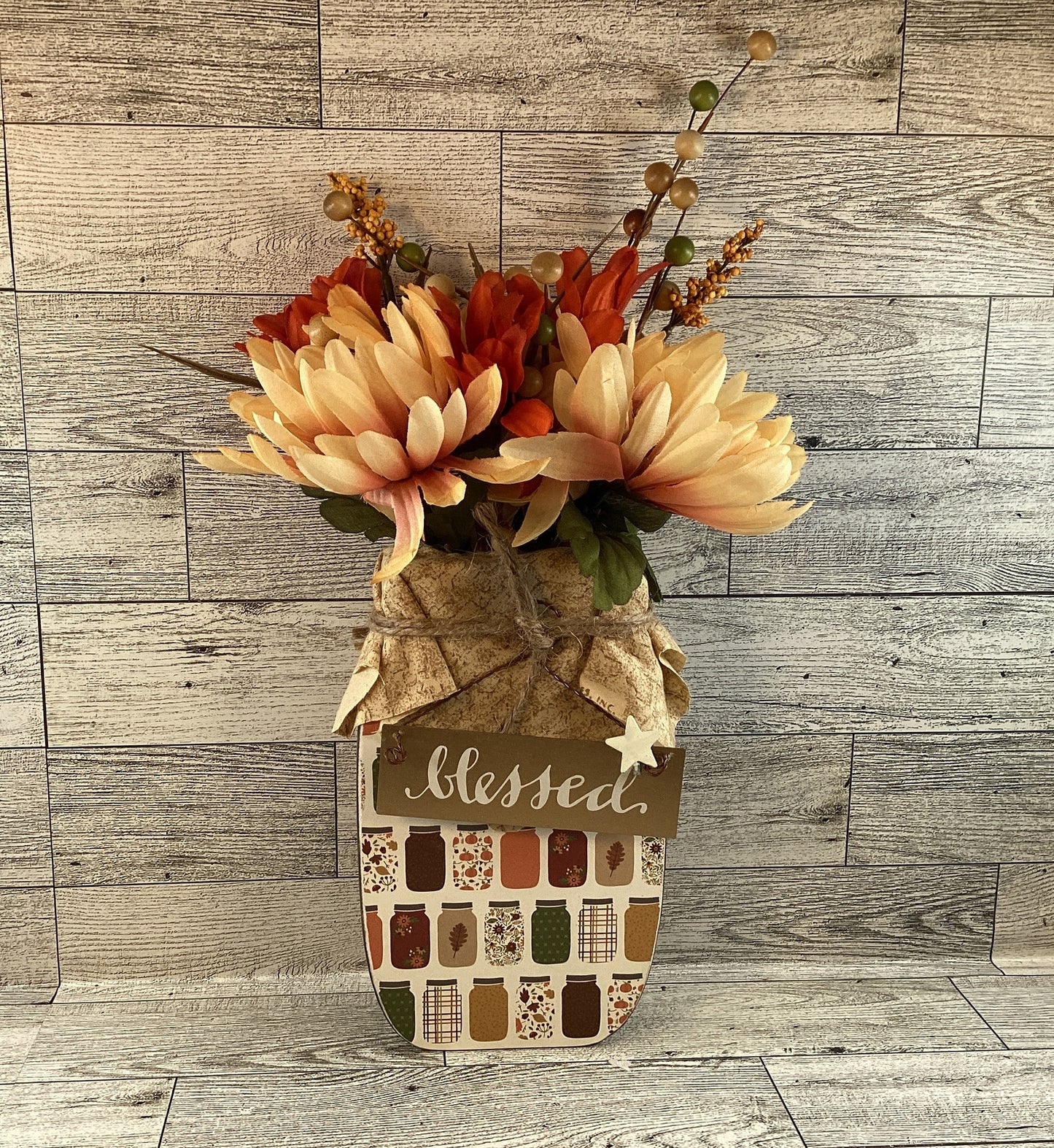 AGD Fall Decor - Autumn Blessed Grateful Floral Wood Mason Jar Display