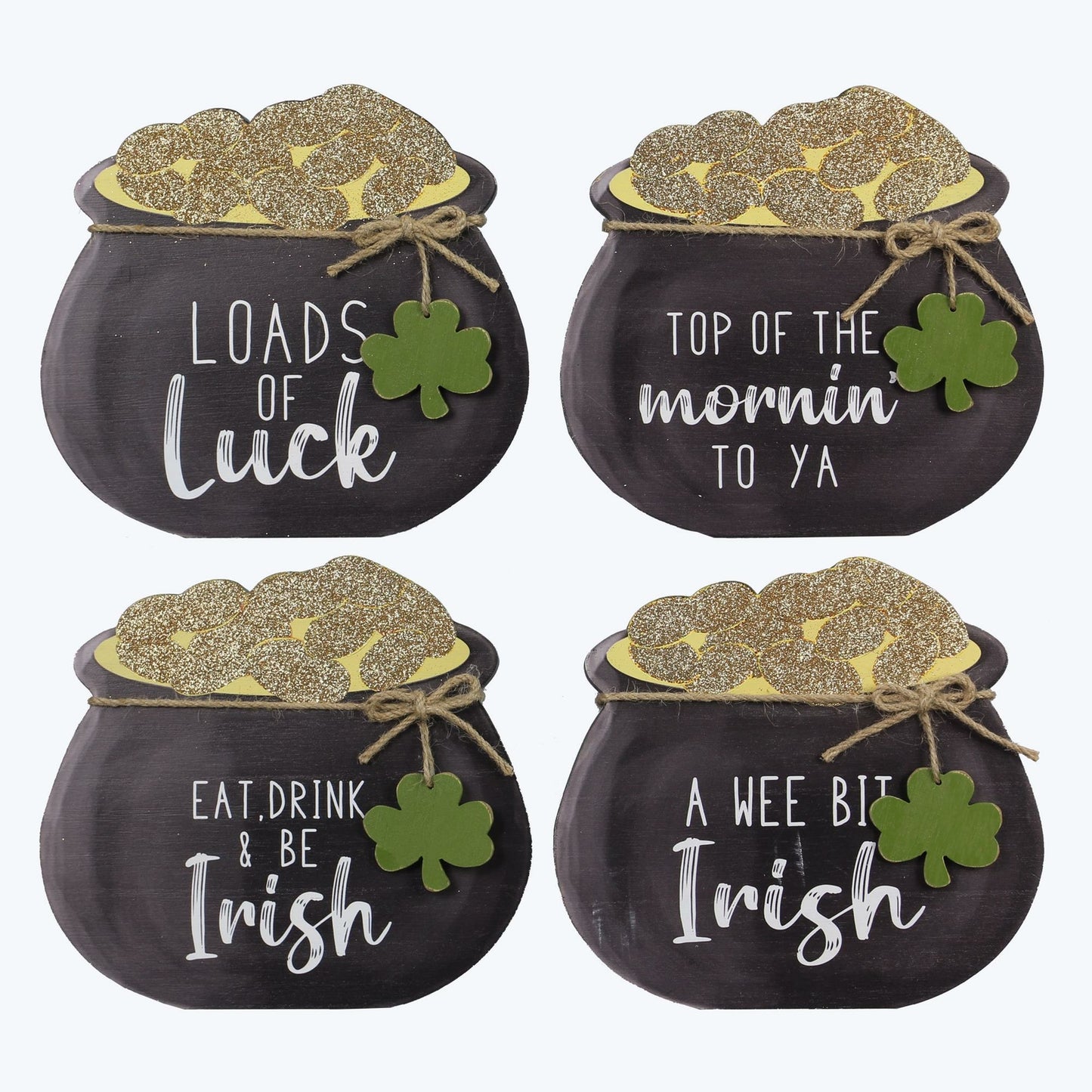 Youngs St. Patricks Day Decor - Wood Chunky Pot of Gold Sitters 4pc