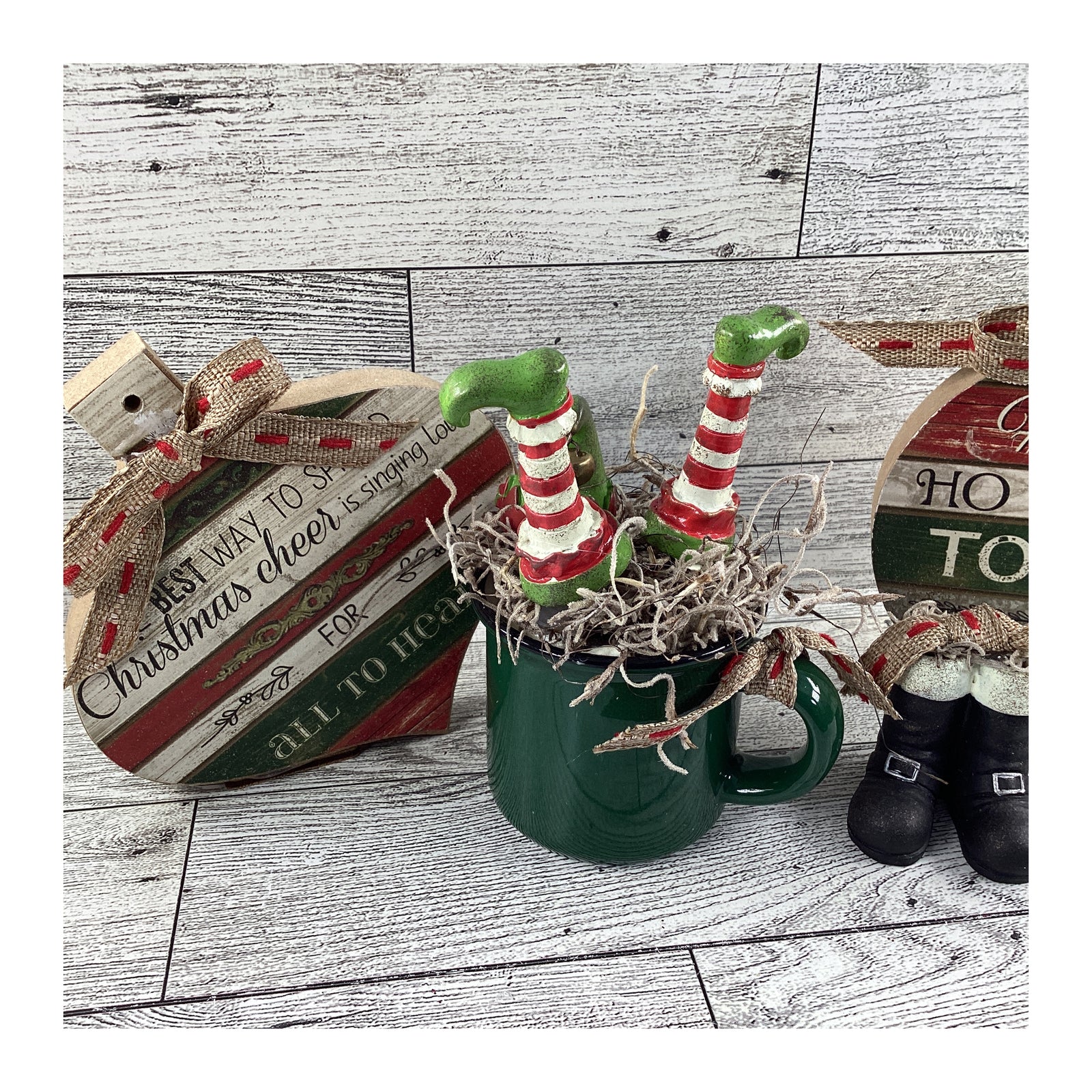 AGD Christmas Decor - Elf  Santa Boots Prim Bulbs Ornaments Tier Tray 4pc Set