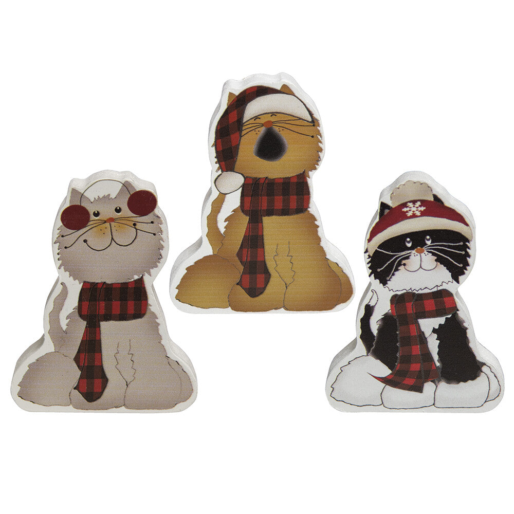 CWI Christmas Decor - Cute Chunky Wood Kitty Cats 3pc Set