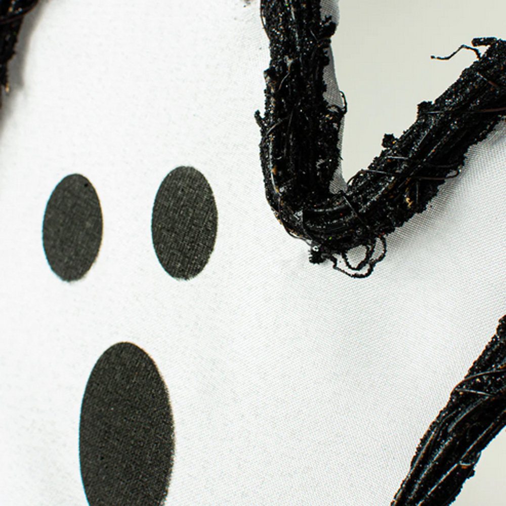 CO Halloween Decor - White Fabric Black Grapevine Ghost Door Wreath