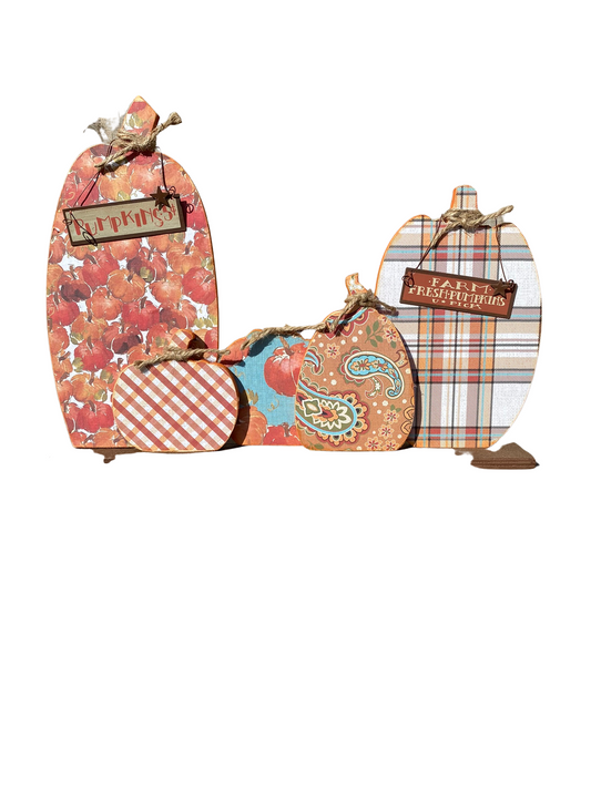 AGD Fall Decor - Harvest Plaid Pumpkins Prim Wood Tabletop Decor