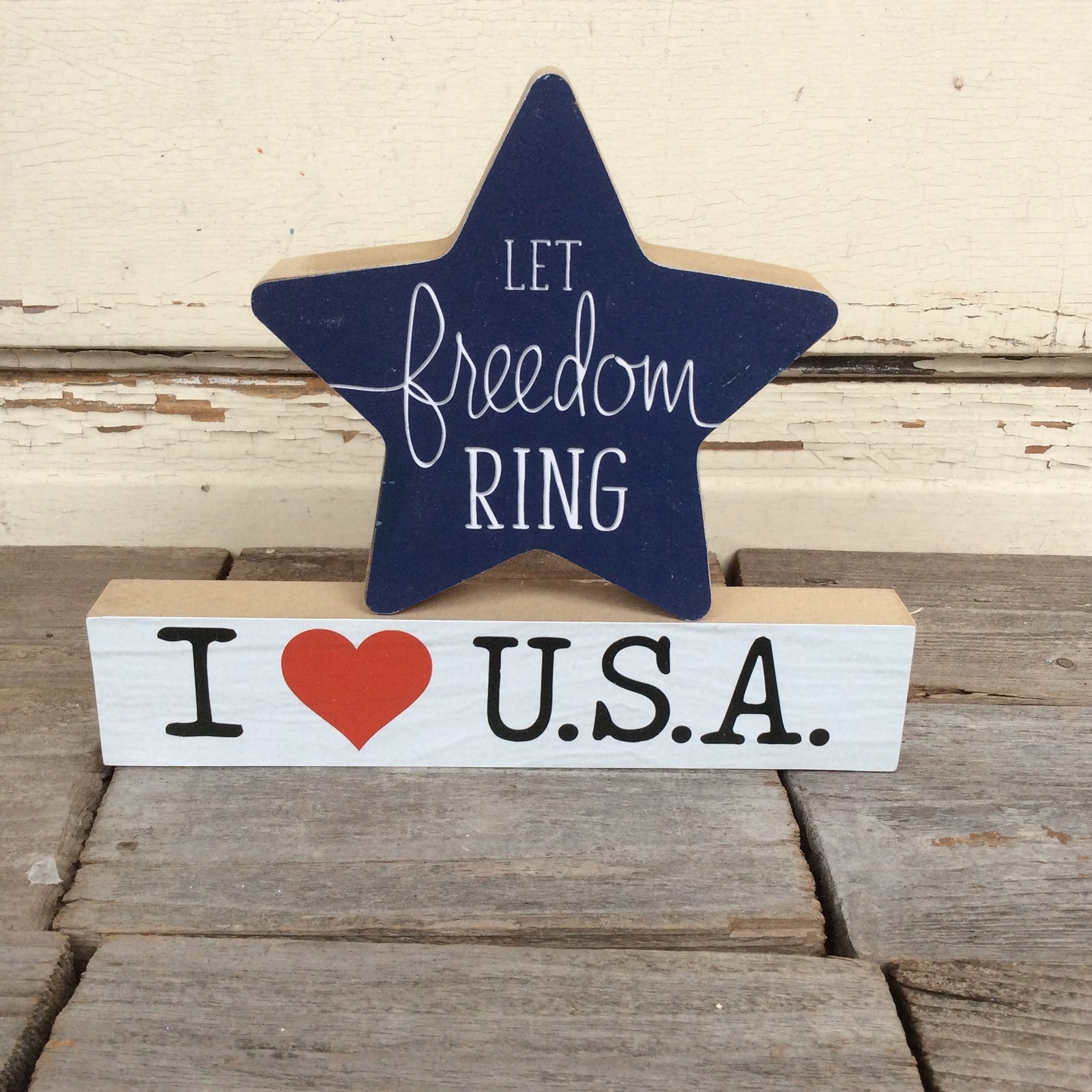 AGD Fall Decor - Let Freedom Ring Star Chunky Wood 2pc Set