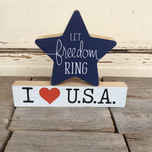 AGD Fall Decor - Let Freedom Ring Star Chunky Wood 2pc Set