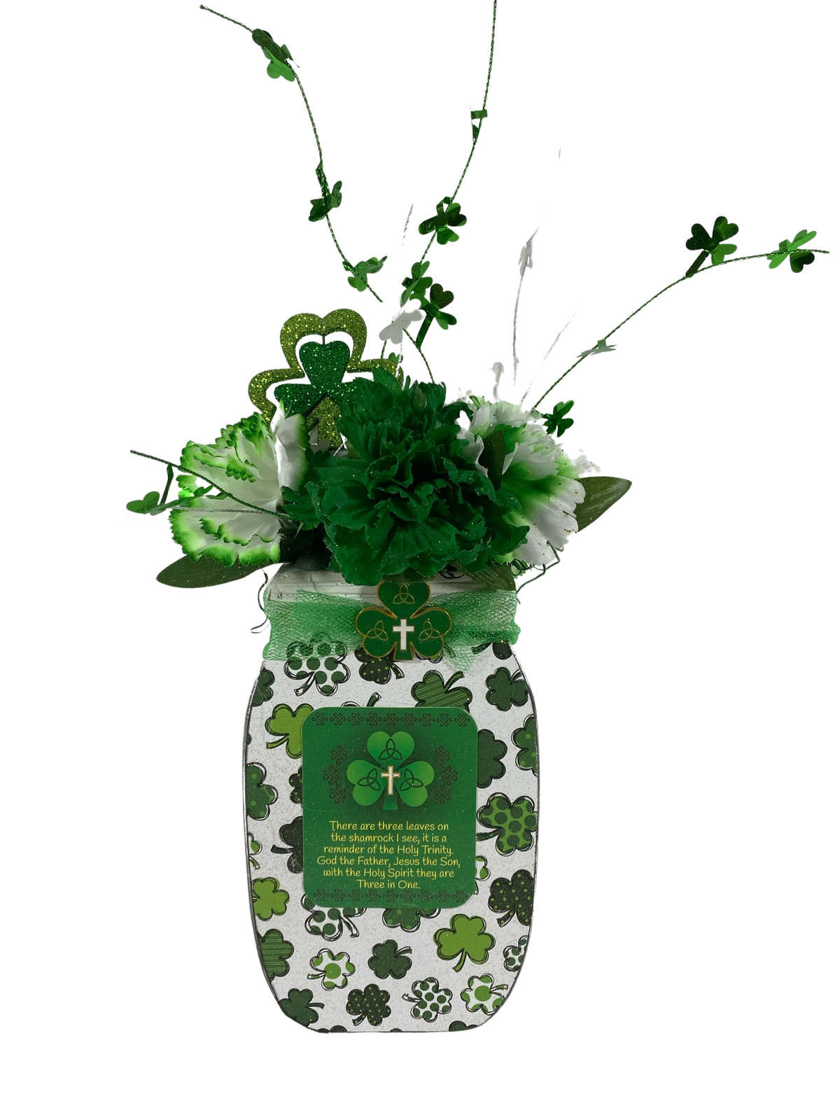 AGD St Patricks Decor - Trinity Shamrock Irish Floral Wood Mason Jar Display