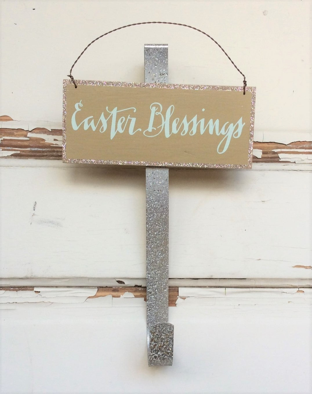AGD Spring Easter Decor – Easter Blessings Gold Glitter Wreath Door Hanger