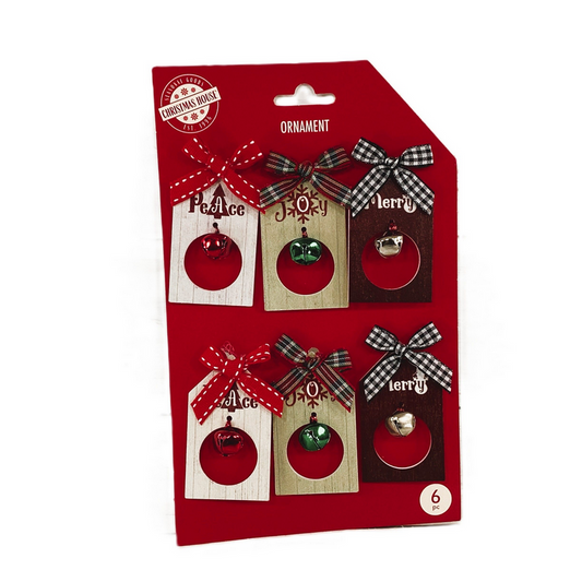 WM Christmas Decor - Miniature Tree Wood Tags Bell Ornaments 6pc Set