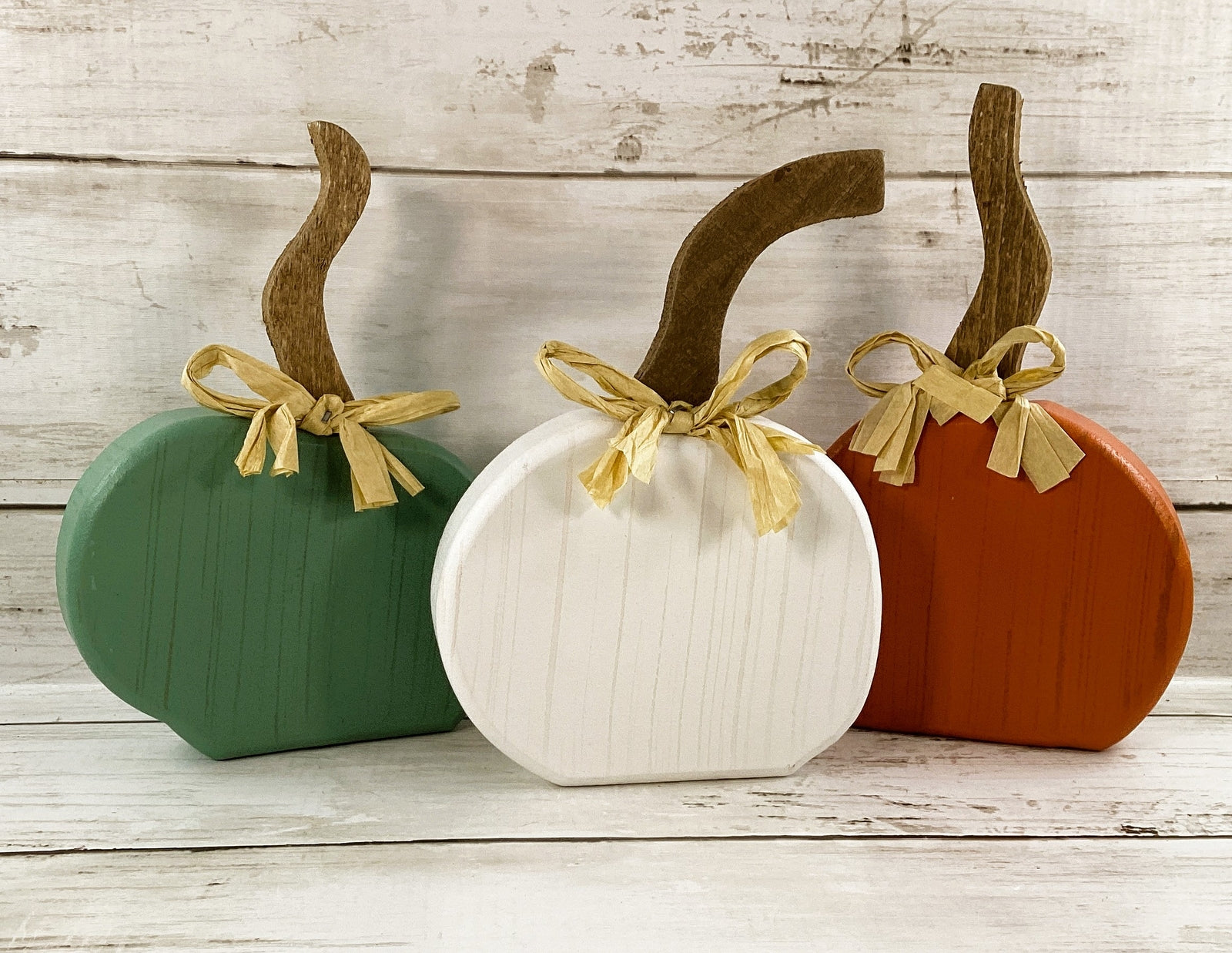 Fall Decor - Wood Teal Orange White Farmhouse Whimsy Pumpkins 3pc