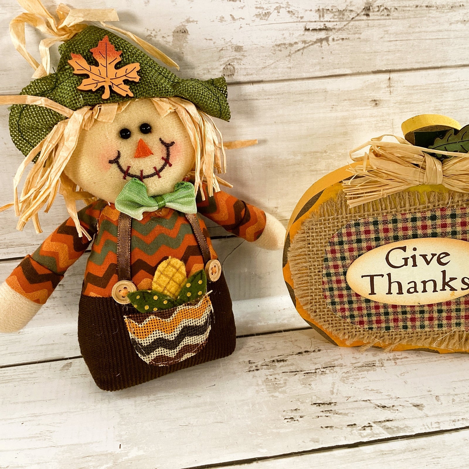 AGD Fall Decor - Cute Scarecrow and Give Thanks Pumpkin 2pc