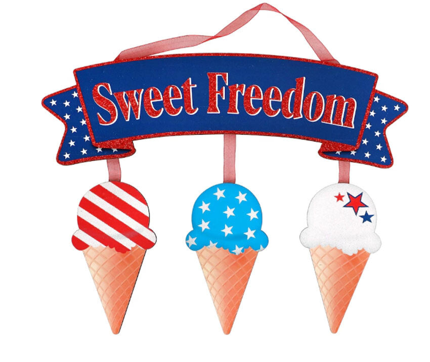 DT Patriotic Decor - Sweet Freedom Ice Cream Wall Wreath Sign 13-inch