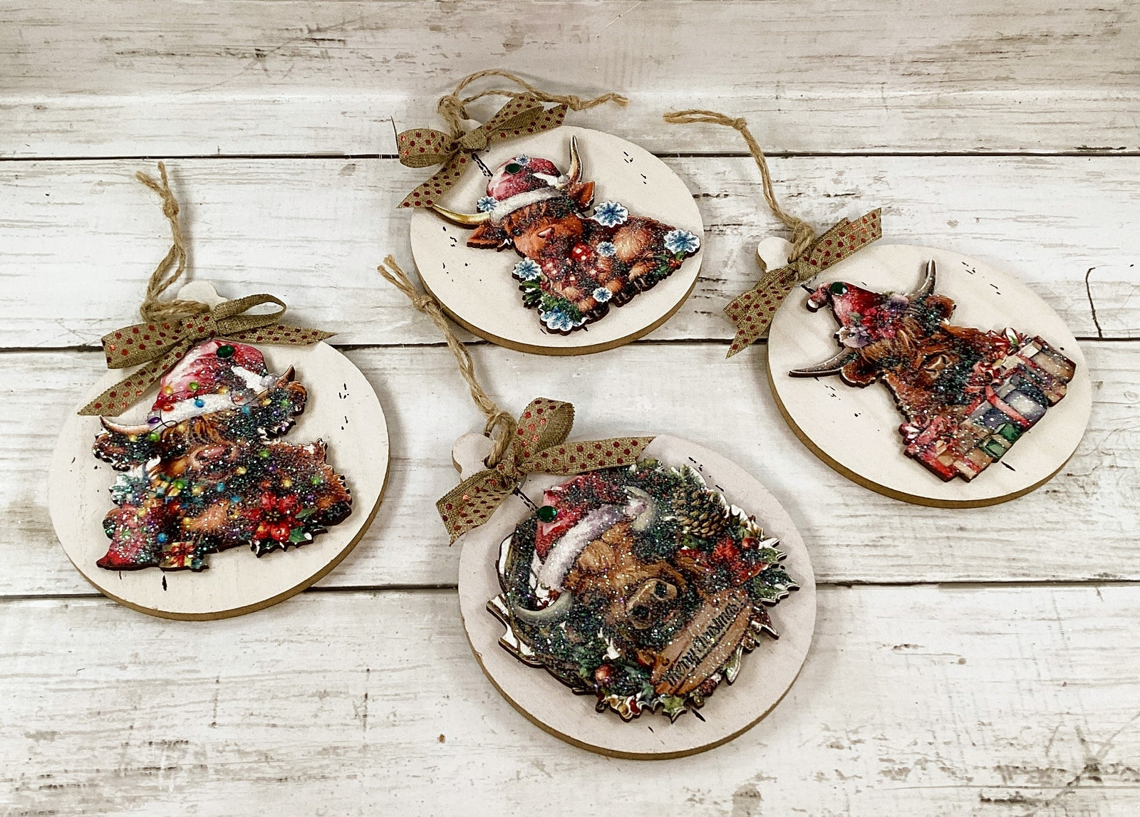 AGD Christmas Decor - Highland Scottish Cute Cow Ornaments 4pc Set