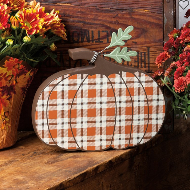PBK Fall Decor - Chunky Wood Autumn Plaid Pumpkin 8.5-inch