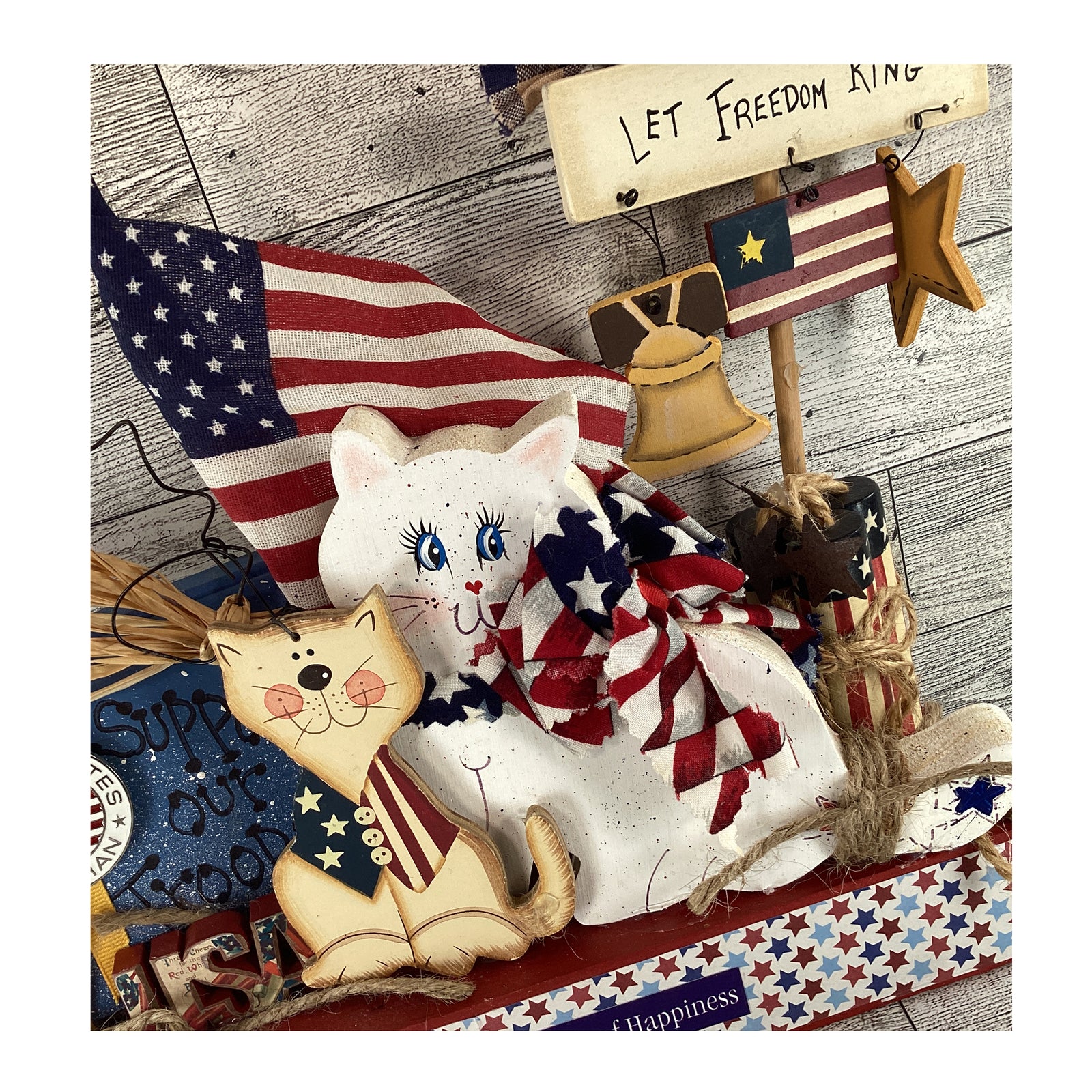 AGD  Patriotic Decor - Chunky Wood July 4th Cat Veterans Flag Collage