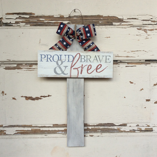 AGD Patriotic Decor -  Proud Beave Free Veteran Whitewash Wood Cross