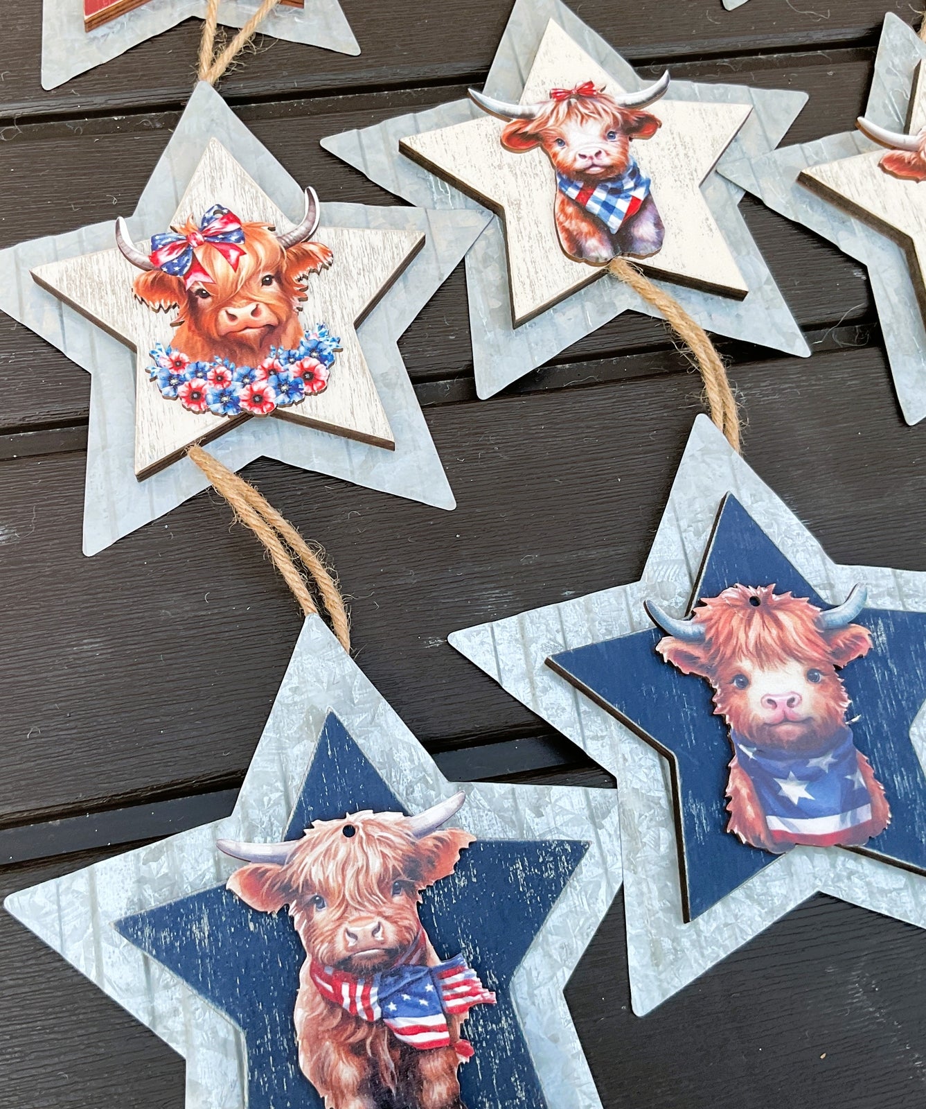 AGD Patriotic Decor - July 4th Highland Cow Metal Star Ornaments 12pc Set