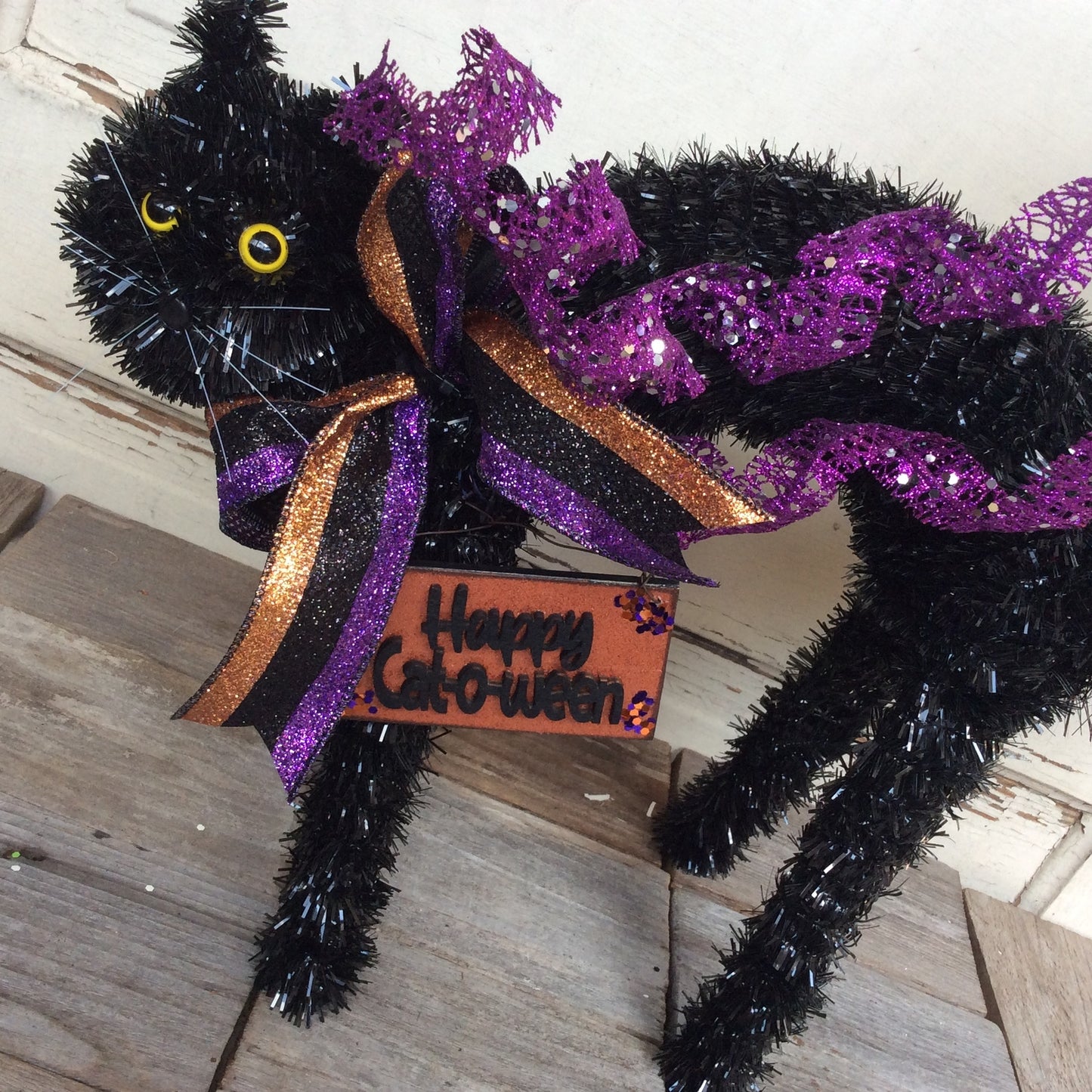AGD Halloween Decor - HAPPY CAT-O-WEEN Tabletop BlackTinsel Cat
