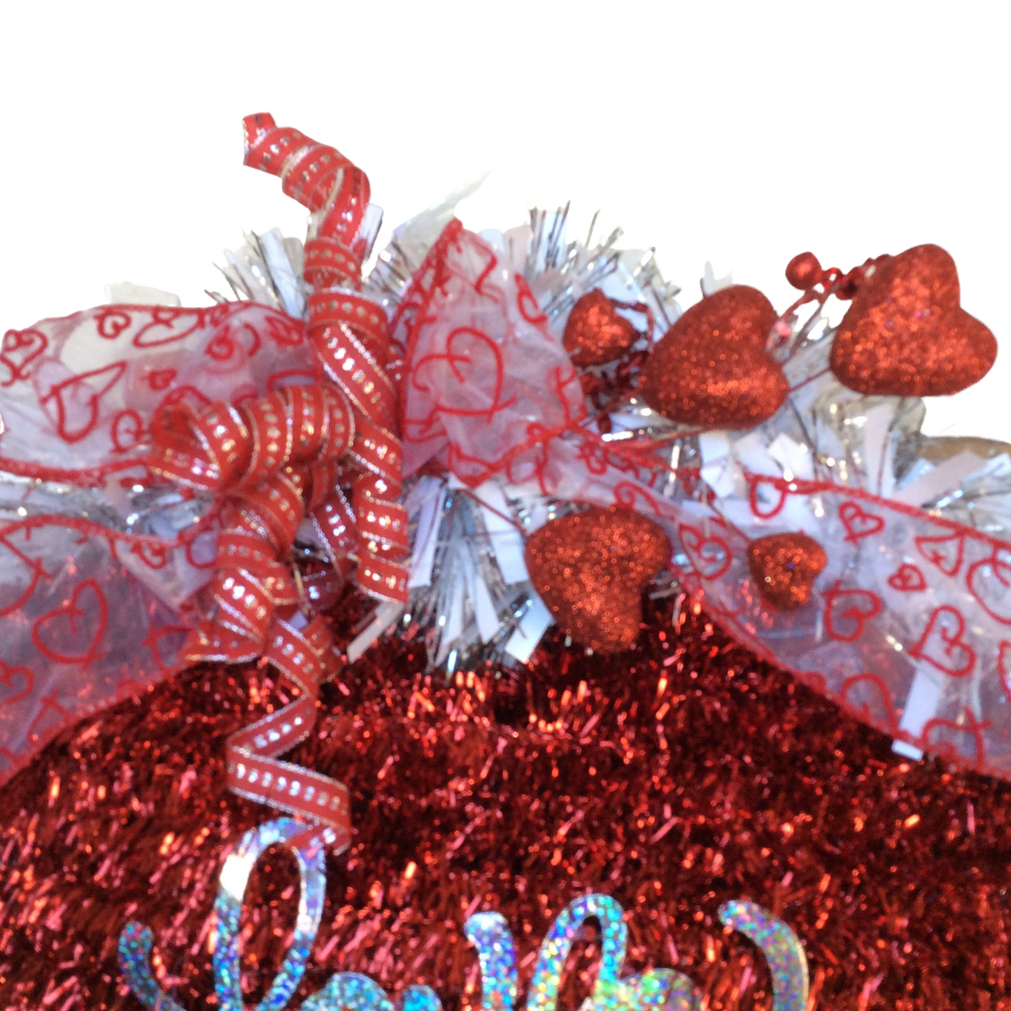 AGD Valentines Decor - Red Silver White Love Heart Tinsel Wreath