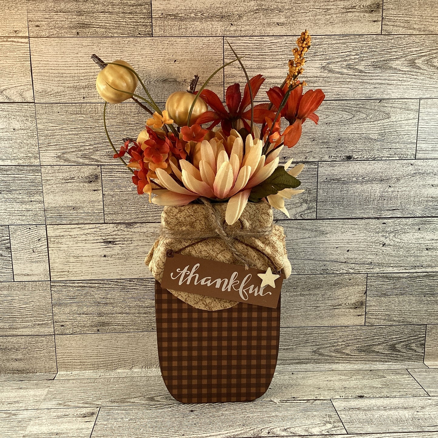 AGD Fall Decor - Autumn Grateful Thankful Floral Wood Mason Jar Display