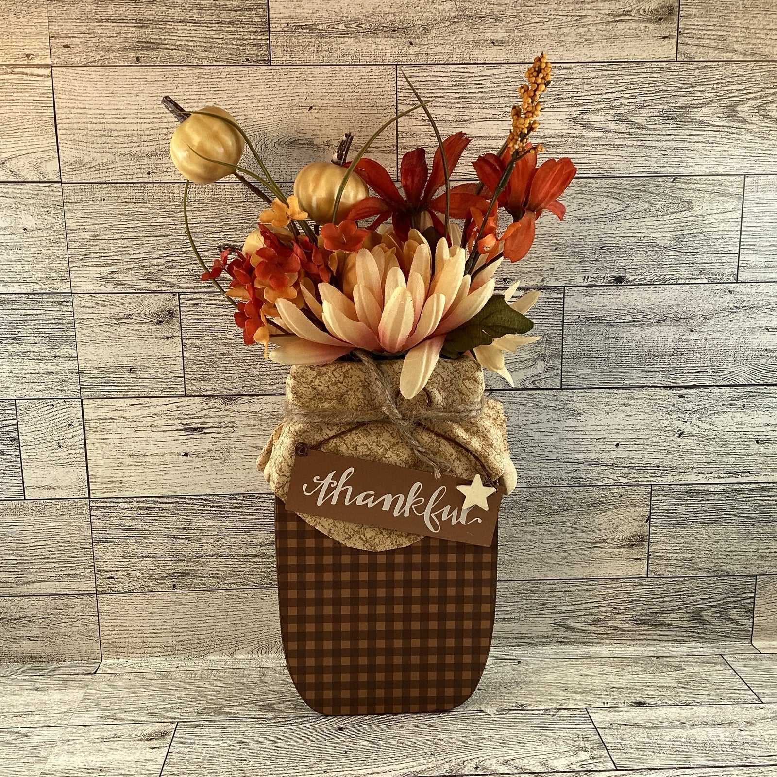 AGD Fall Decor - Autumn Grateful Thankful Floral Wood Mason Jar Display
