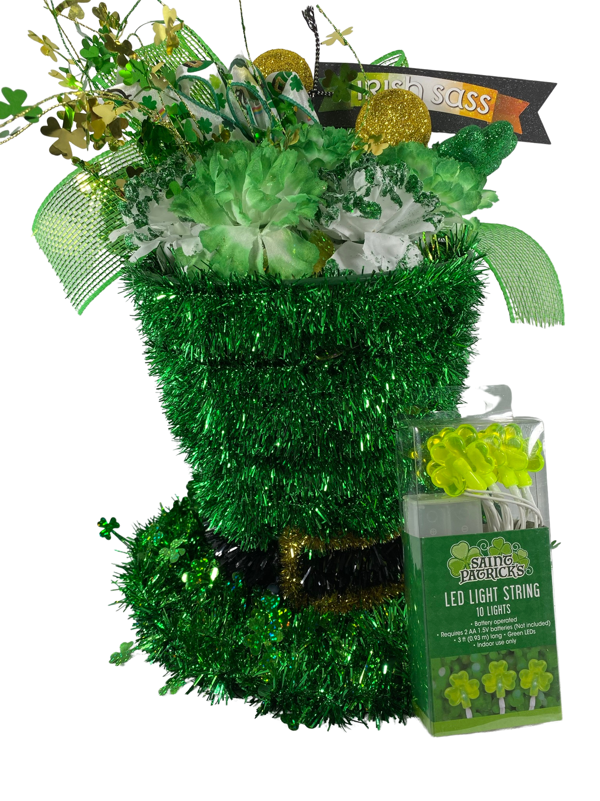 AGD St Patrick's Decor - Large Green Lighted Tinsel Tophat Centerpiece