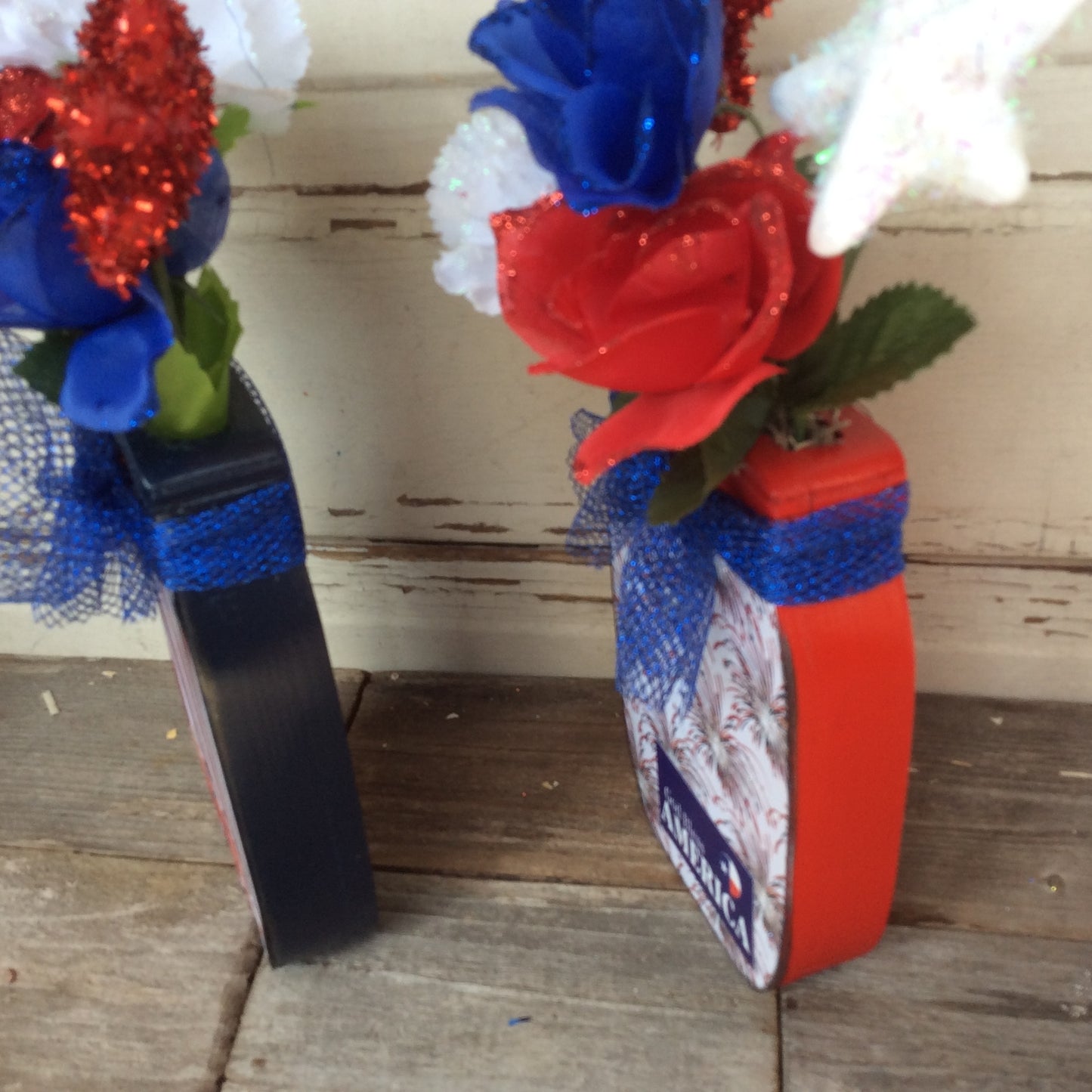 AGD Patriotic Decor - God Bless Stars Stripes Floral Wood Mason Jar 2pc Set