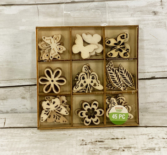 DT Craft Supply - Unfinished Wood Butterfly Flower Icon Charms 45pc
