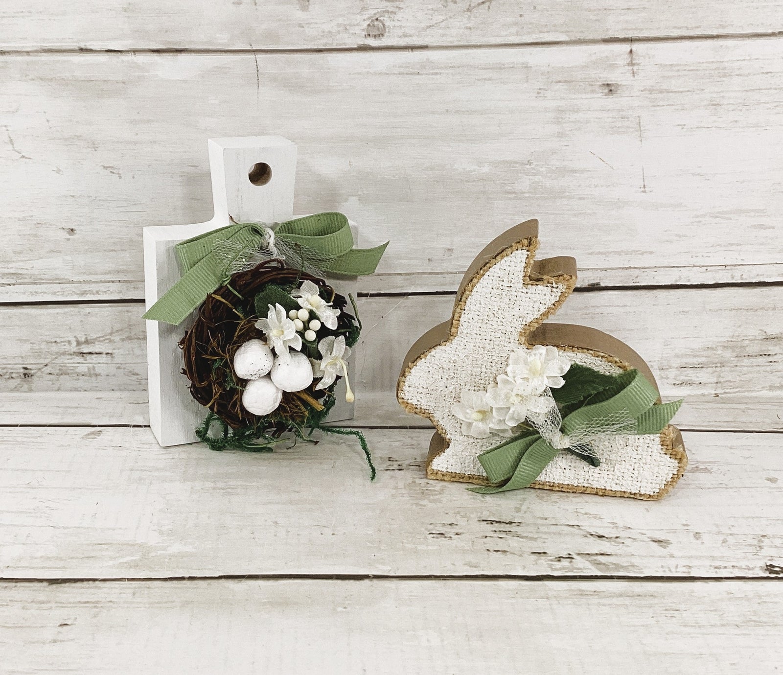 AGD Easter Decor -White Bunny Rabbit & Bird Eggs Nest 2pc Set