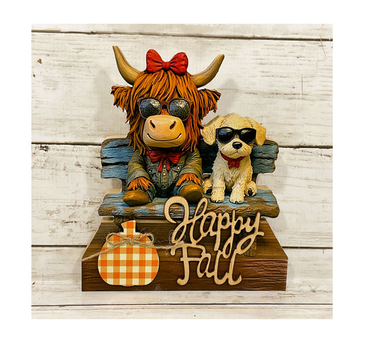 AGD Fall Decor - Wood Truck Highland Cow Dog Park Bench Sign