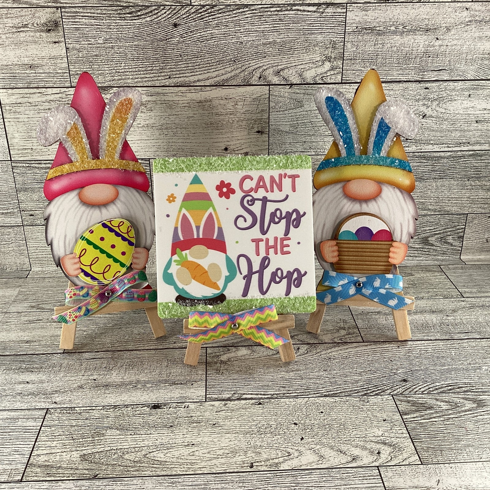 AGD Easter Decor - Wood Gnome Glitter Bunny Rabbit Tier Tray 3pc Set