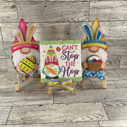 AGD Easter Decor - Wood Gnome Glitter Bunny Rabbit Tier Tray 3pc Set