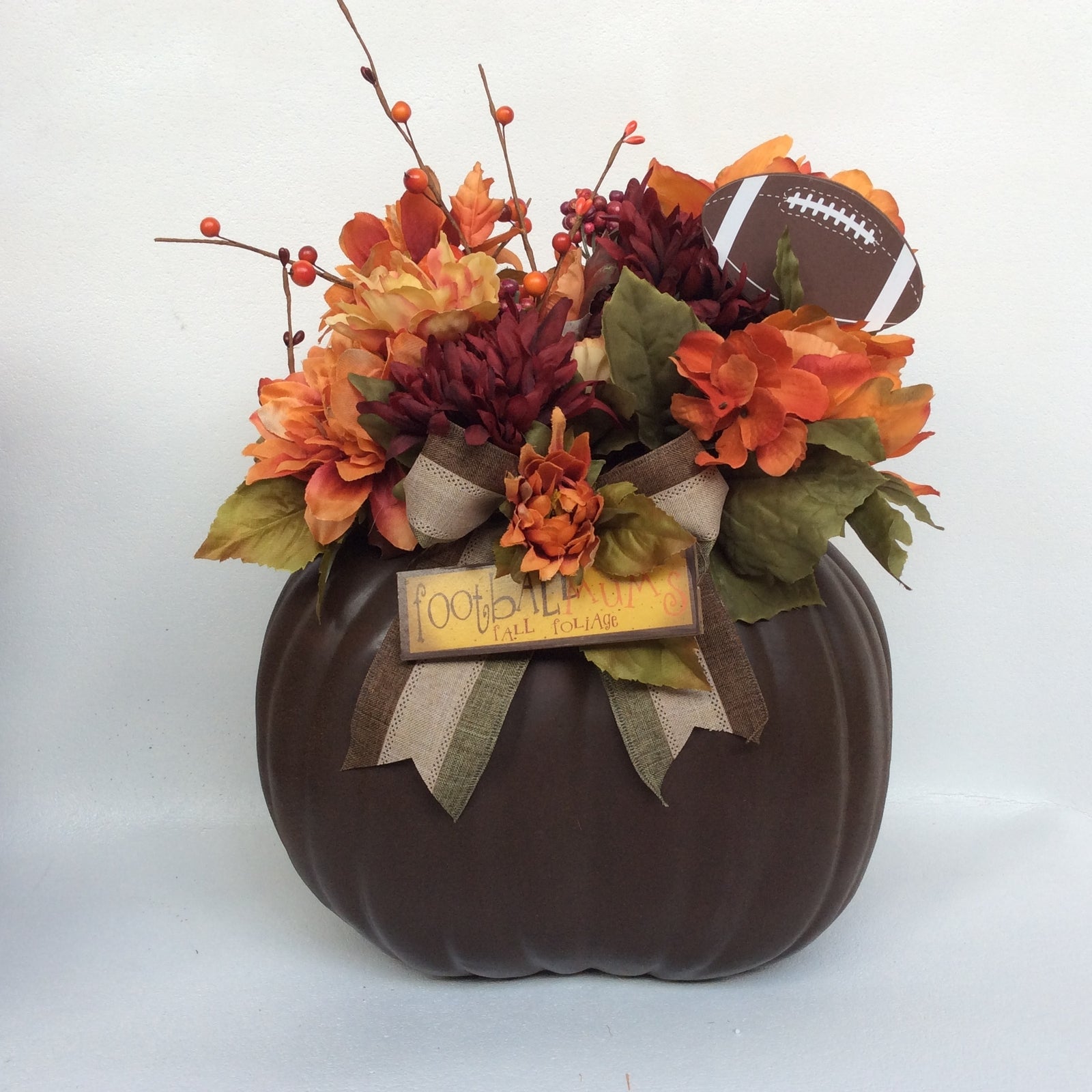 AGD Fall Decor - Football Mums Pumpkin Filled Artificial Floral Display