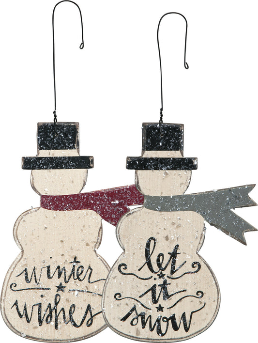 PBK Christmas Decor - Prim  Wood Snowman Ornament 2pc