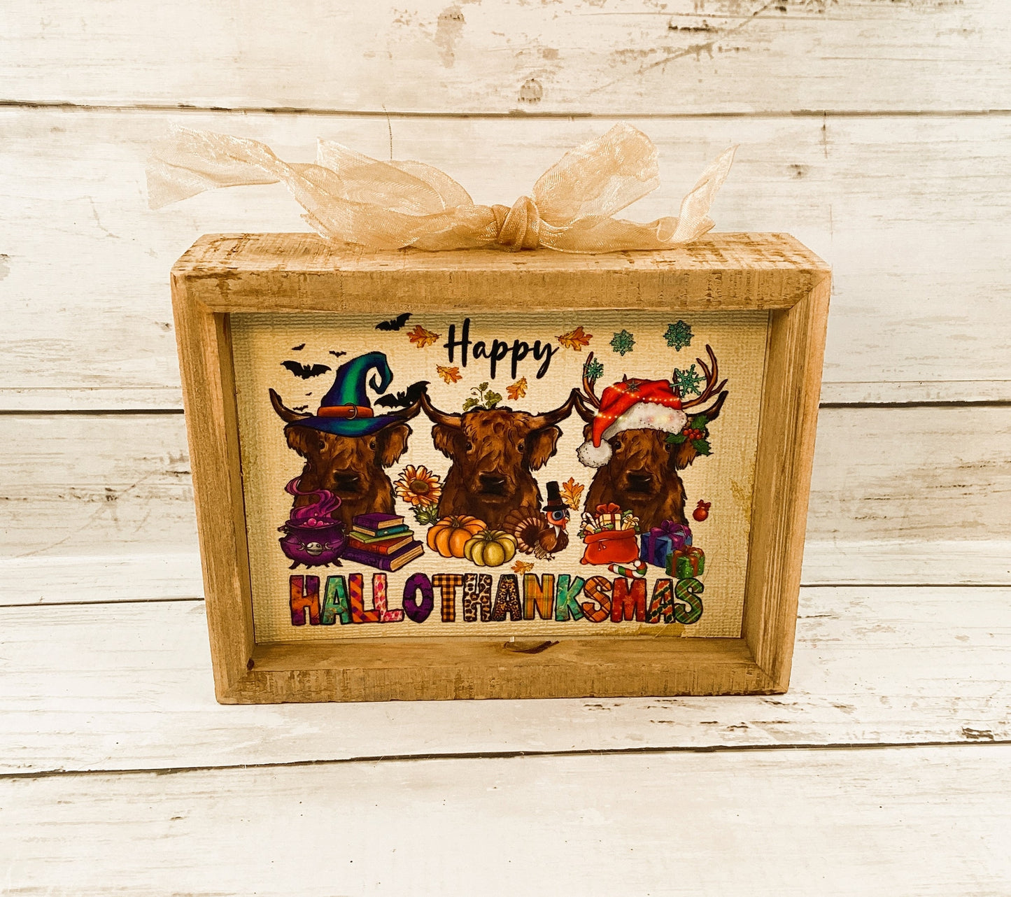 AGD Fall Decor - Highland Scottish Cow Happy Hallothankmas Seasonal Box Sign