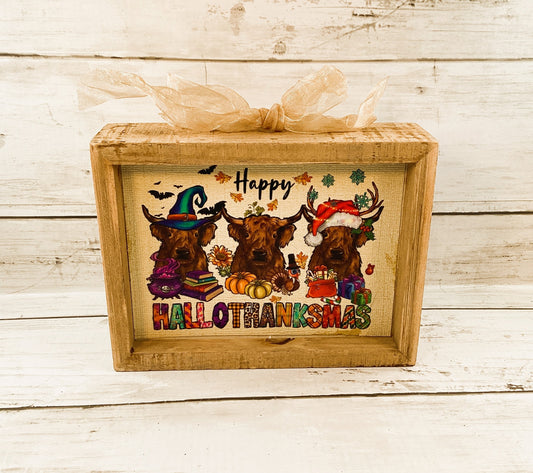 AGD Fall Decor - Highland Scottish Cow Happy Hallothankmas Seasonal Box Sign